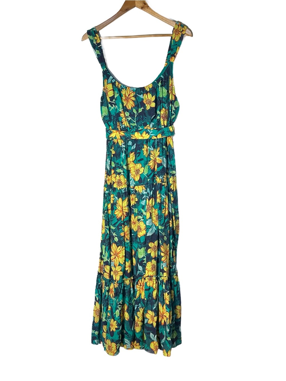 Current Air Dress Sz L Floral Maxi Tiered Ruffle Yellow Blue Green Rayon Blend